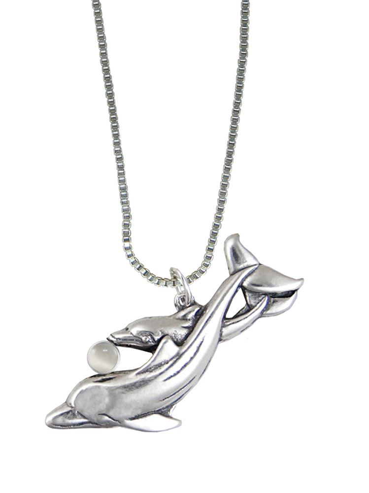 Sterling Silver Playful Dolphins Pendant With White Moonstone